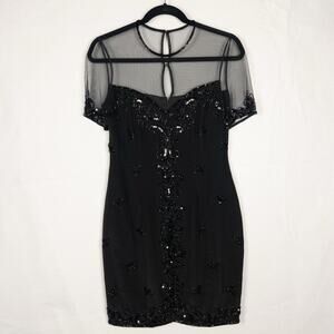 Vintage A.J. Bari Black Silk Beaded Cocktail Dress Illusion Mesh Size 6